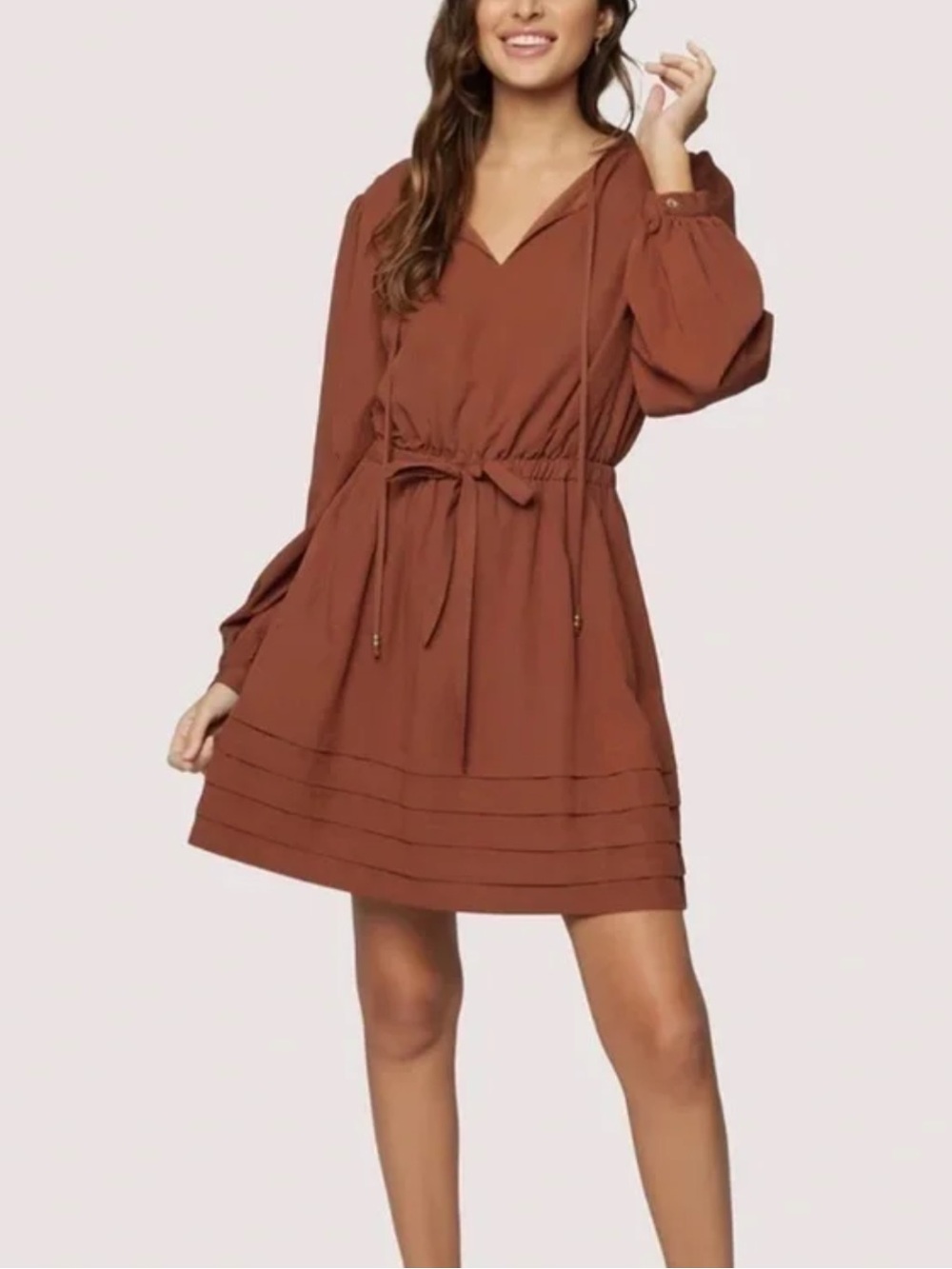 Lost + Wander balloon long sleeve brown elastic waist mini dress size large